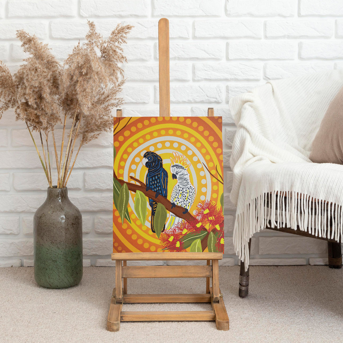 Black and White Cockatoo Birds Aboriginal Art Canvas Wall Art