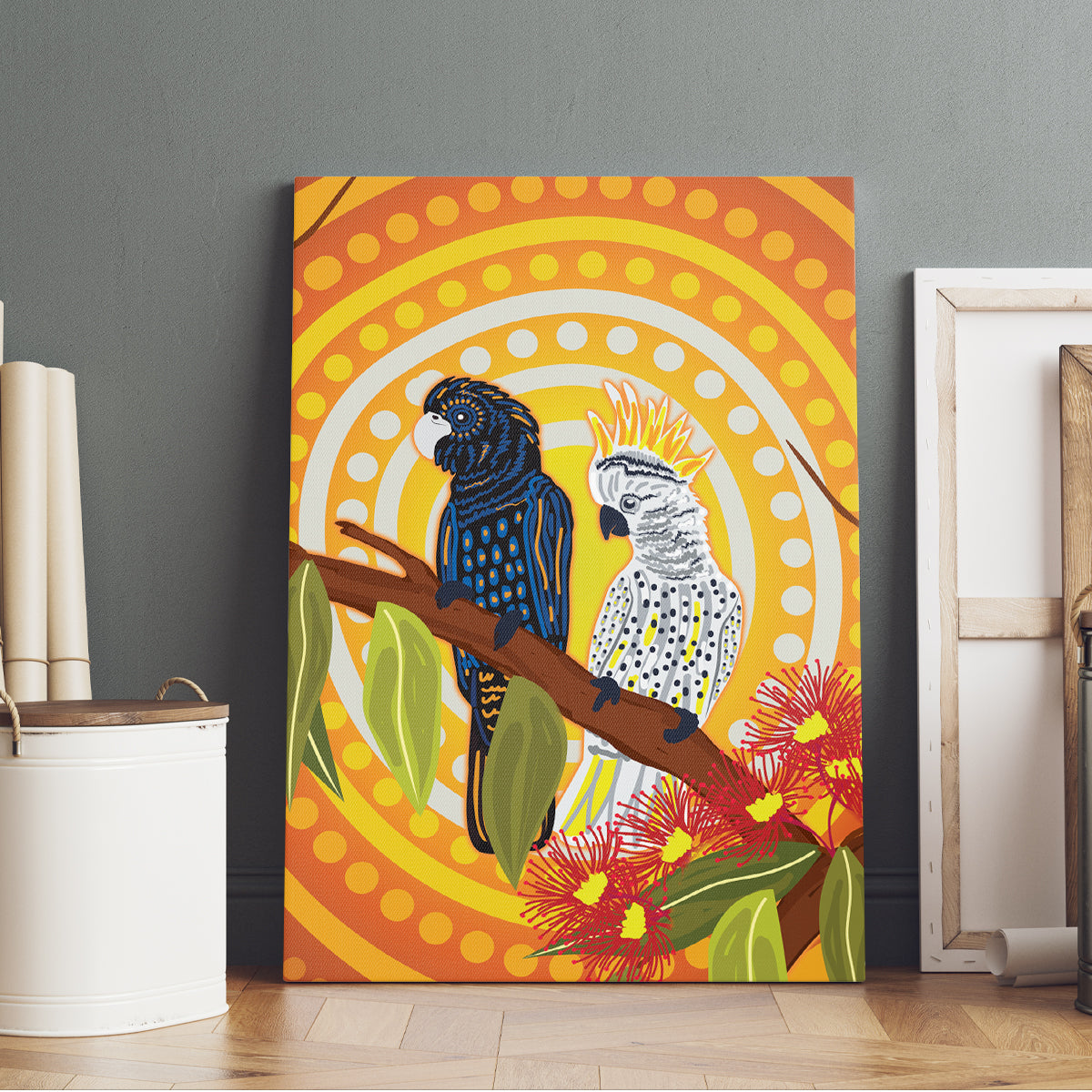 Black and White Cockatoo Birds Aboriginal Art Canvas Wall Art