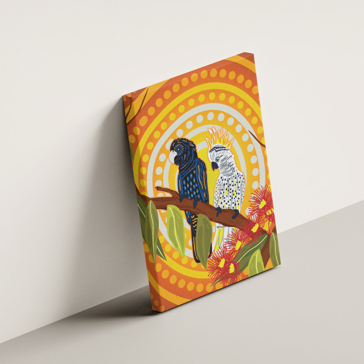 Black and White Cockatoo Birds Aboriginal Art Canvas Wall Art