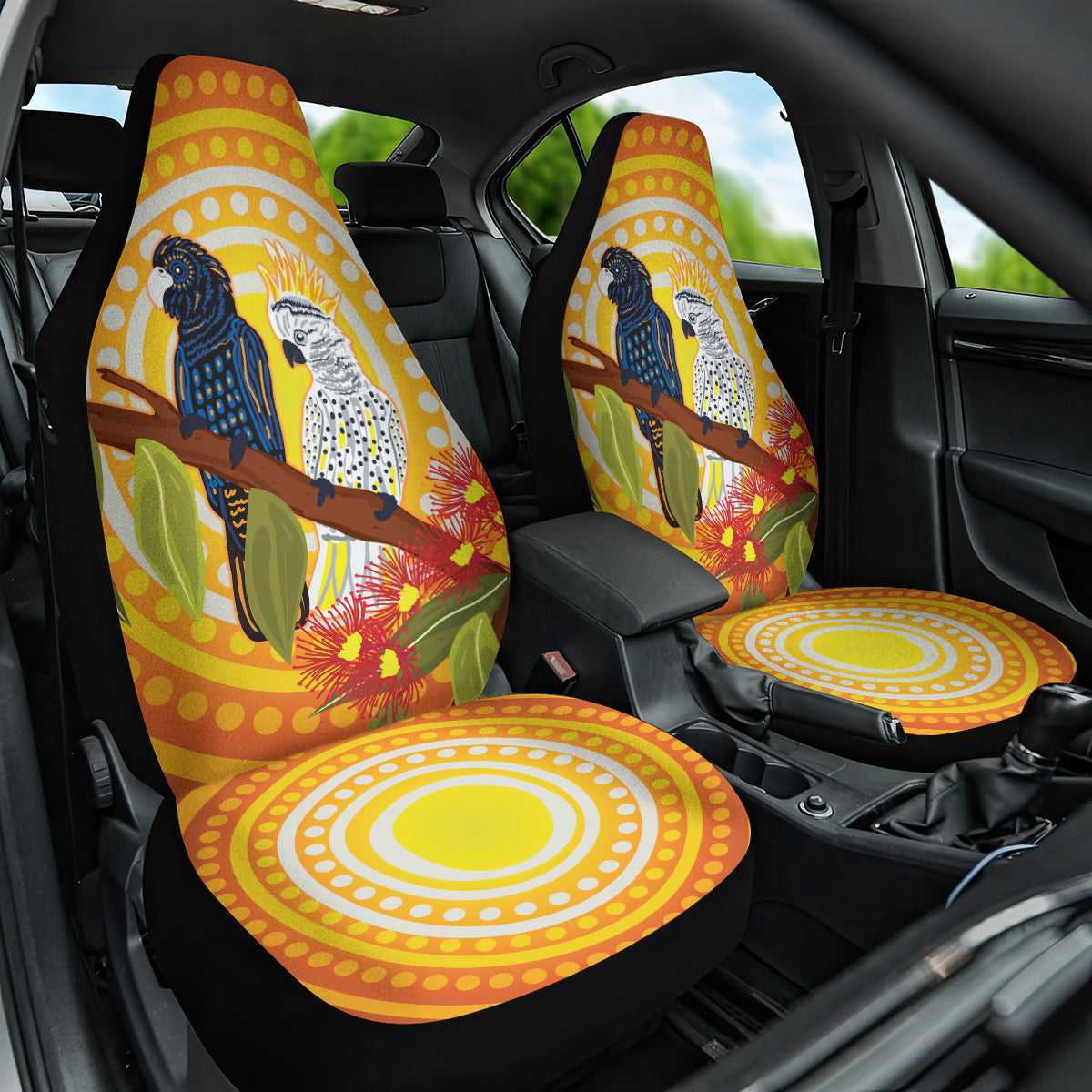 Black and White Cockatoo Birds Aboriginal Art Car Seat Cover