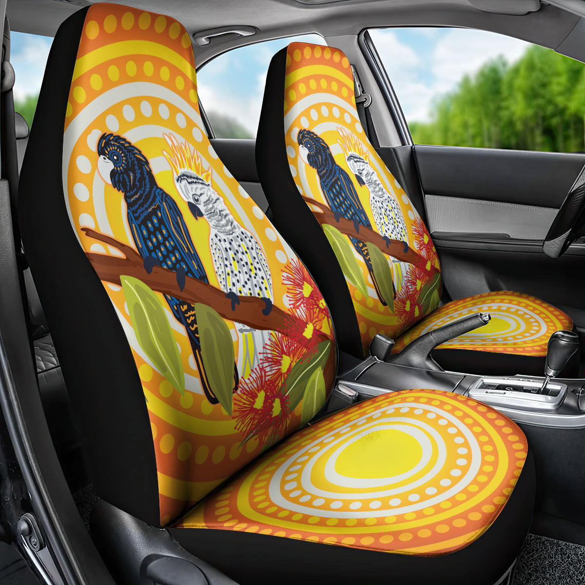 Black and White Cockatoo Birds Aboriginal Art Car Seat Cover