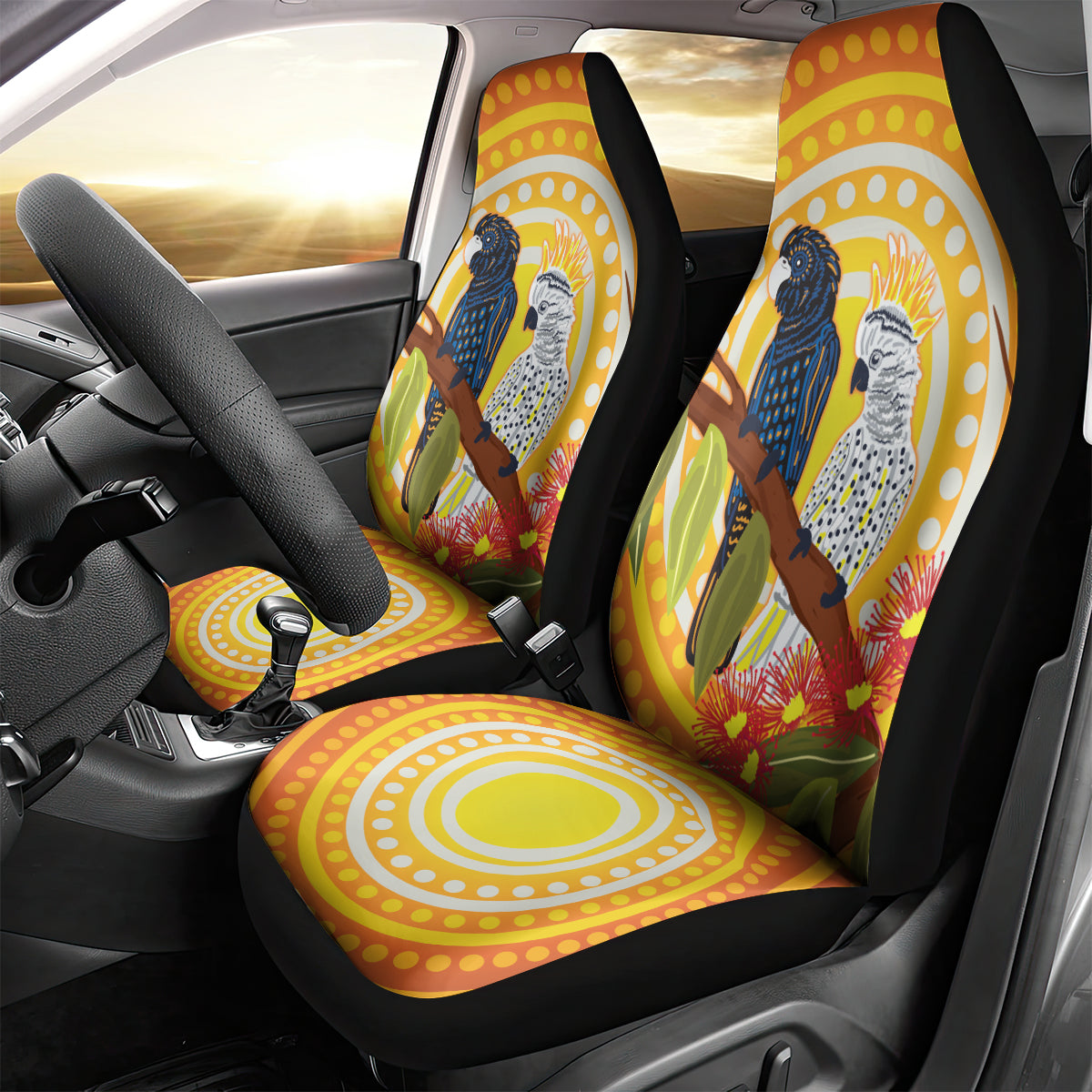 Black and White Cockatoo Birds Aboriginal Art Car Seat Cover