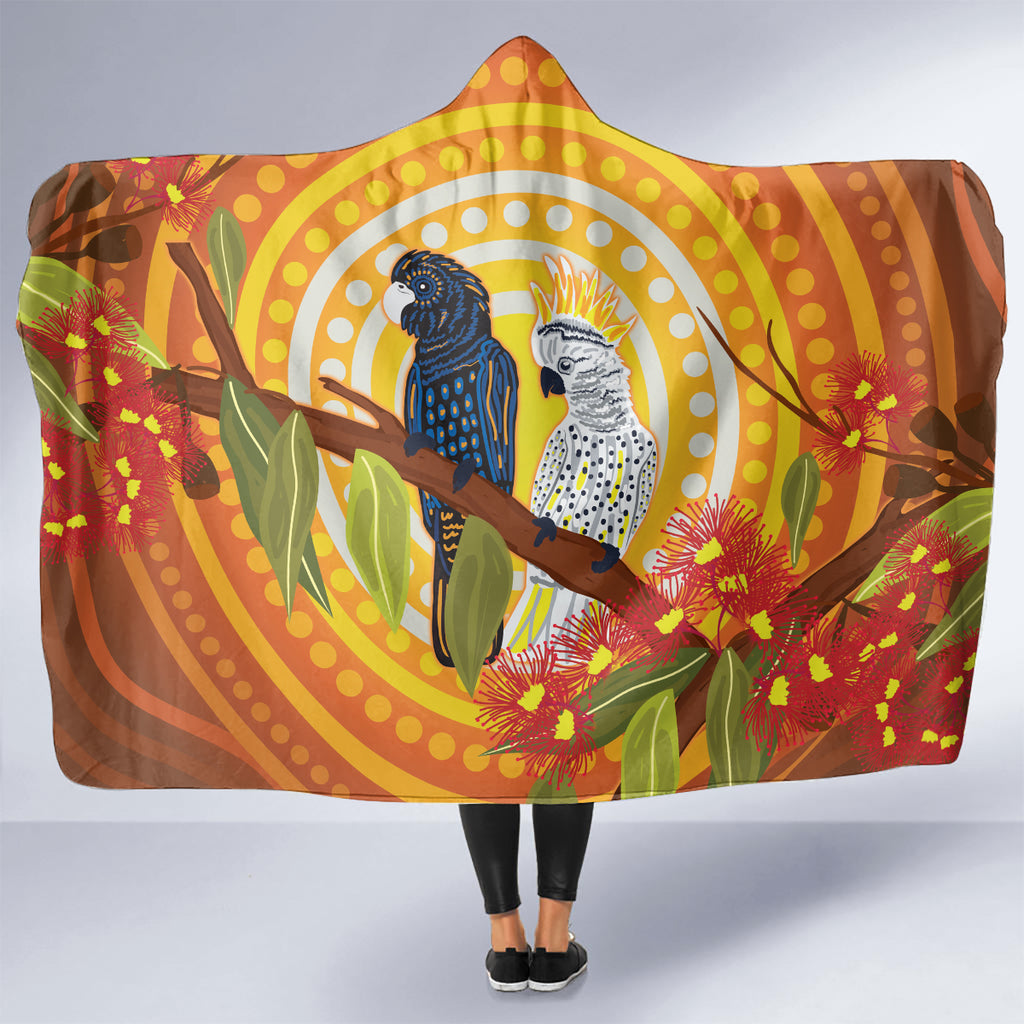 Black and White Cockatoo Birds Aboriginal Art Hooded Blanket