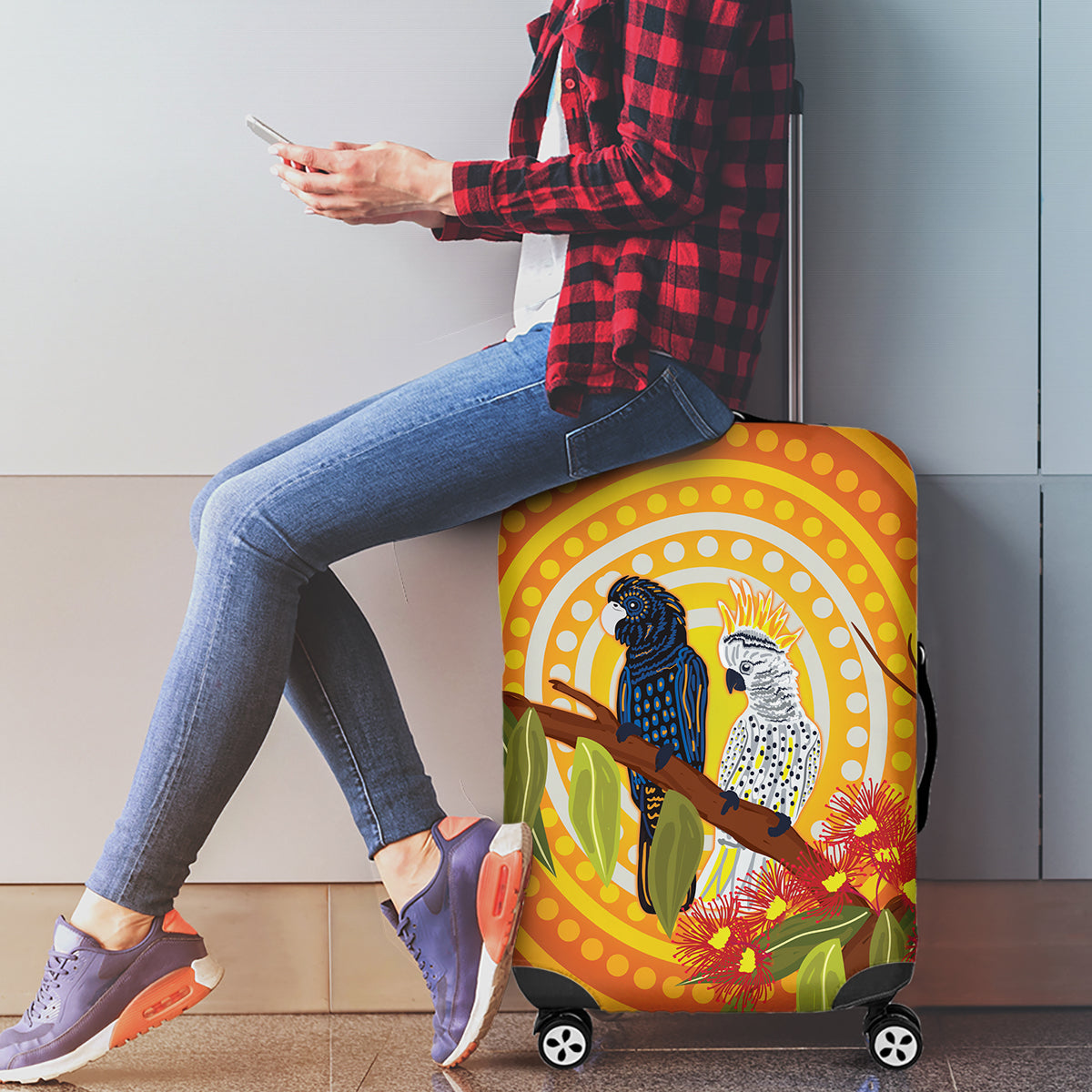 Black and White Cockatoo Birds Aboriginal Art Luggage Cover