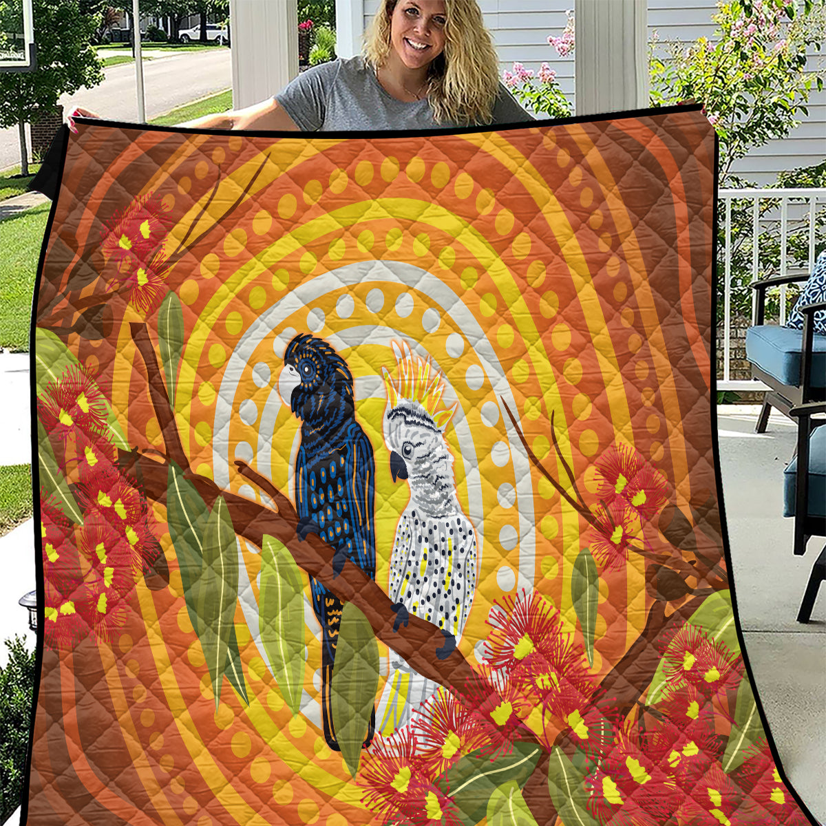 Black and White Cockatoo Birds Aboriginal Art Quilt