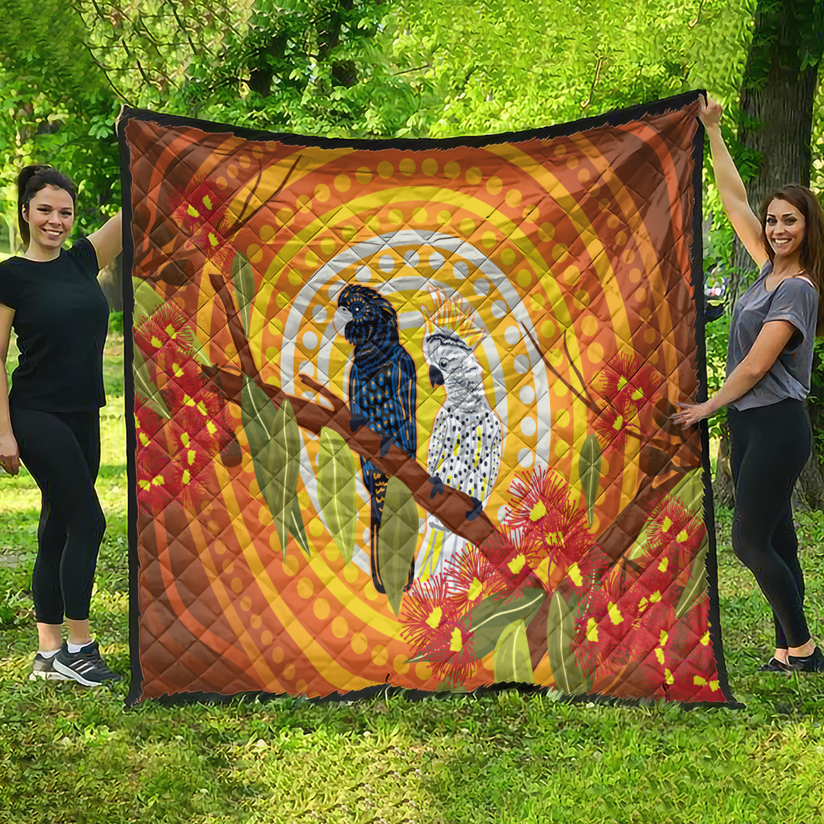 Black and White Cockatoo Birds Aboriginal Art Quilt