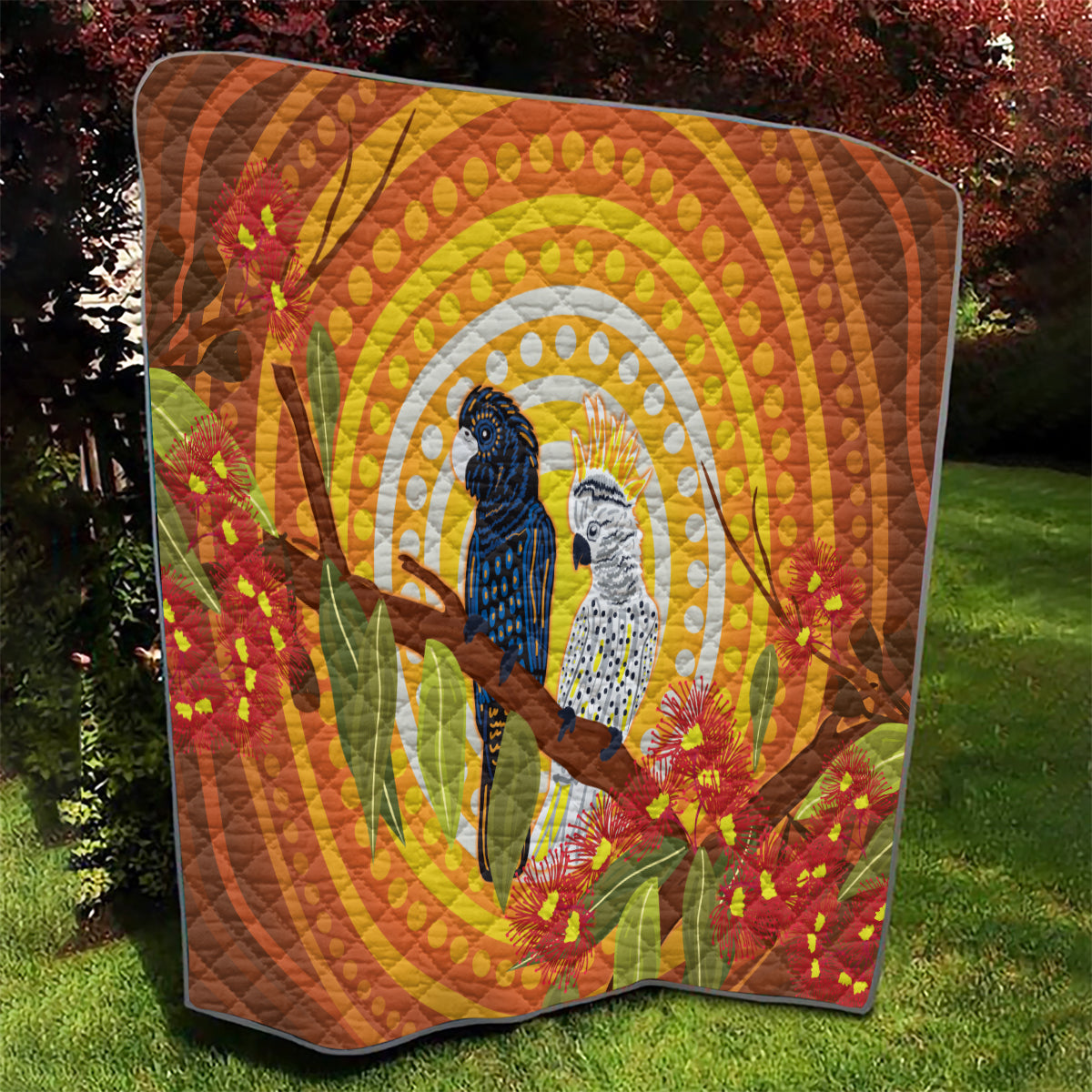 Black and White Cockatoo Birds Aboriginal Art Quilt