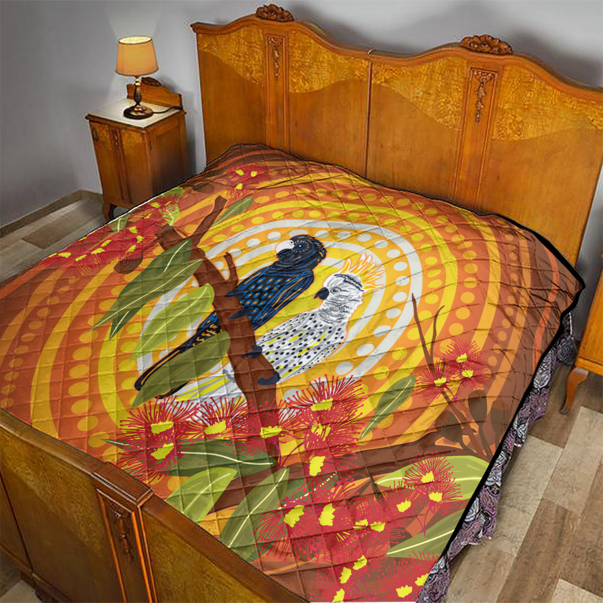 Black and White Cockatoo Birds Aboriginal Art Quilt