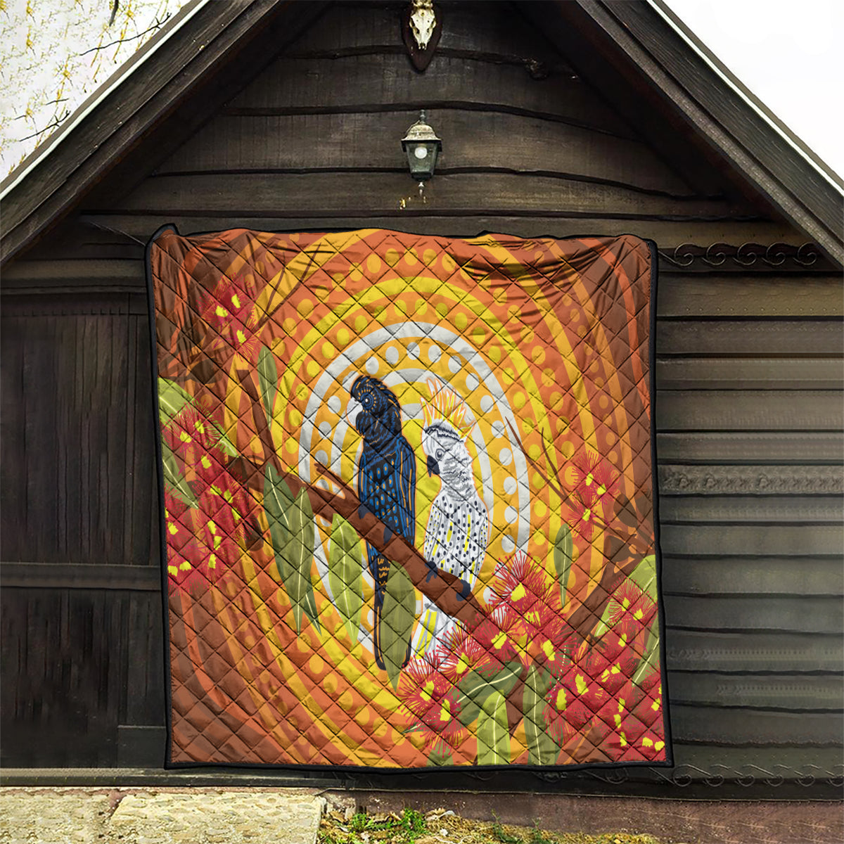Black and White Cockatoo Birds Aboriginal Art Quilt