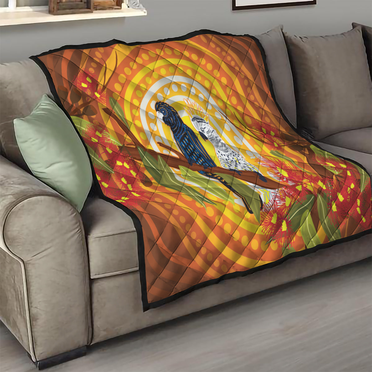 Black and White Cockatoo Birds Aboriginal Art Quilt