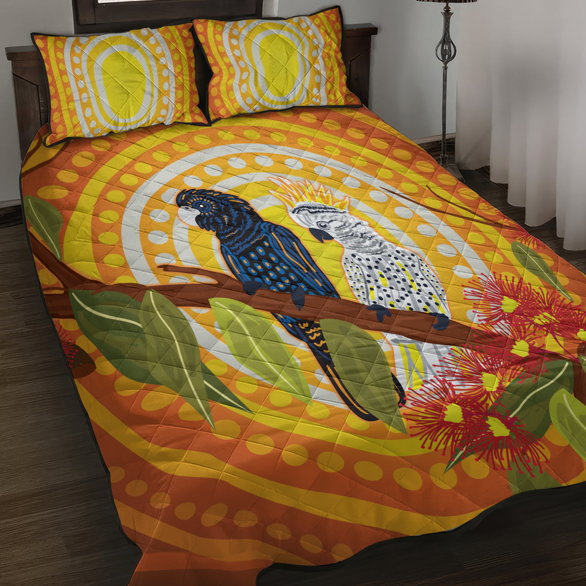 Black and White Cockatoo Birds Aboriginal Art Quilt Bed Set
