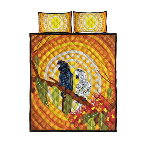 Black and White Cockatoo Birds Aboriginal Art Quilt Bed Set