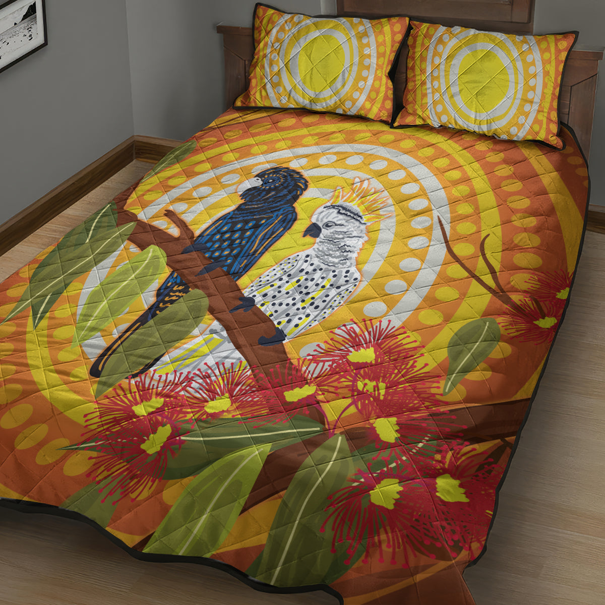 Black and White Cockatoo Birds Aboriginal Art Quilt Bed Set