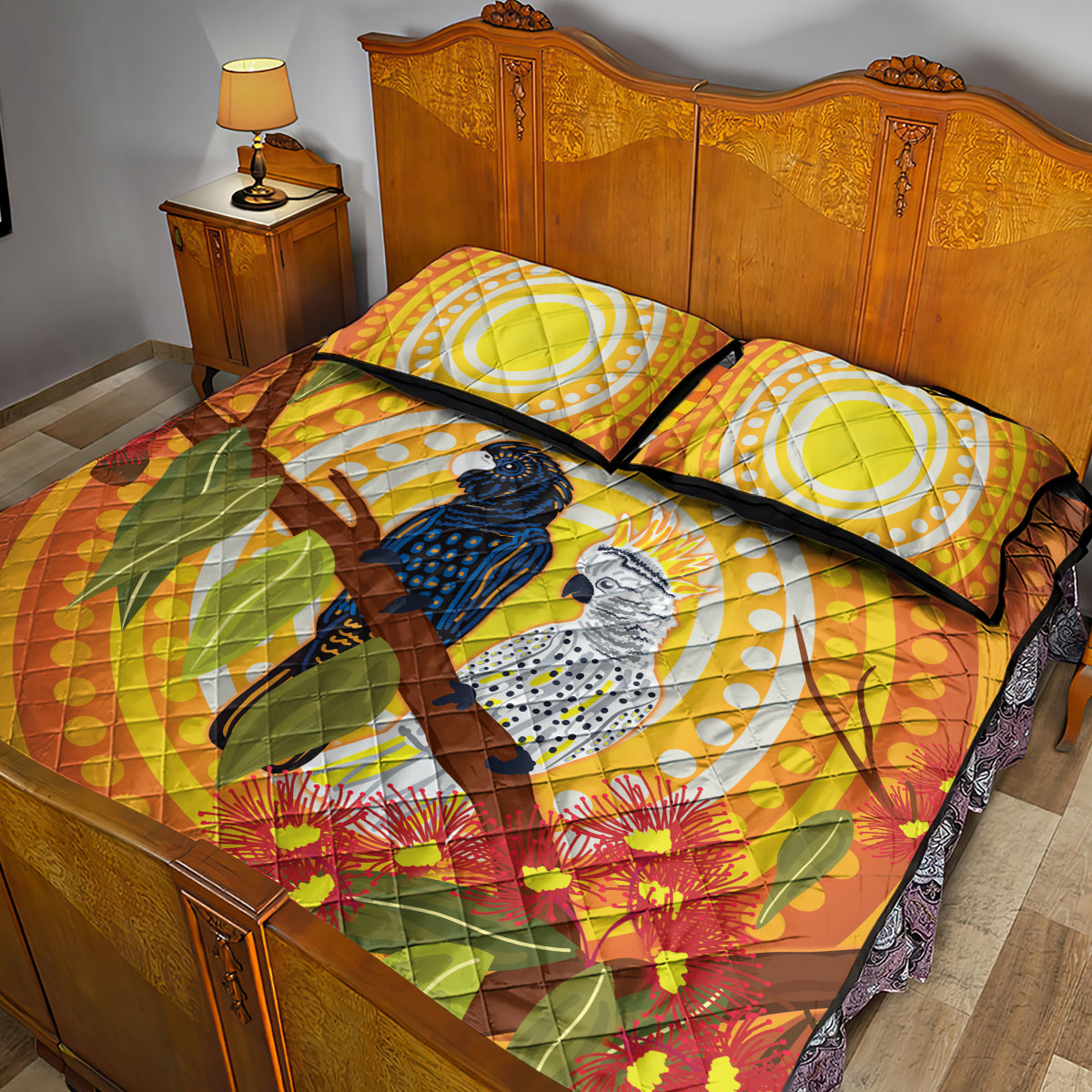 Black and White Cockatoo Birds Aboriginal Art Quilt Bed Set