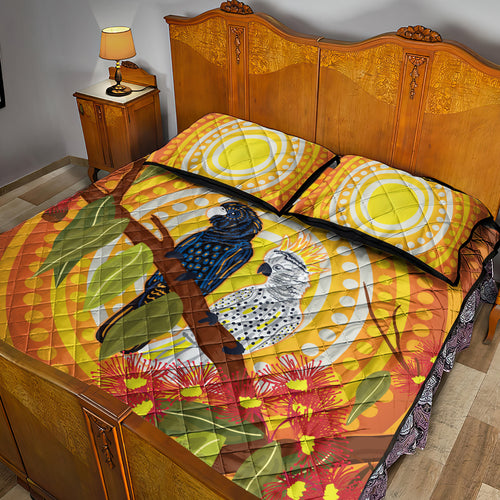 Black and White Cockatoo Birds Aboriginal Art Quilt Bed Set