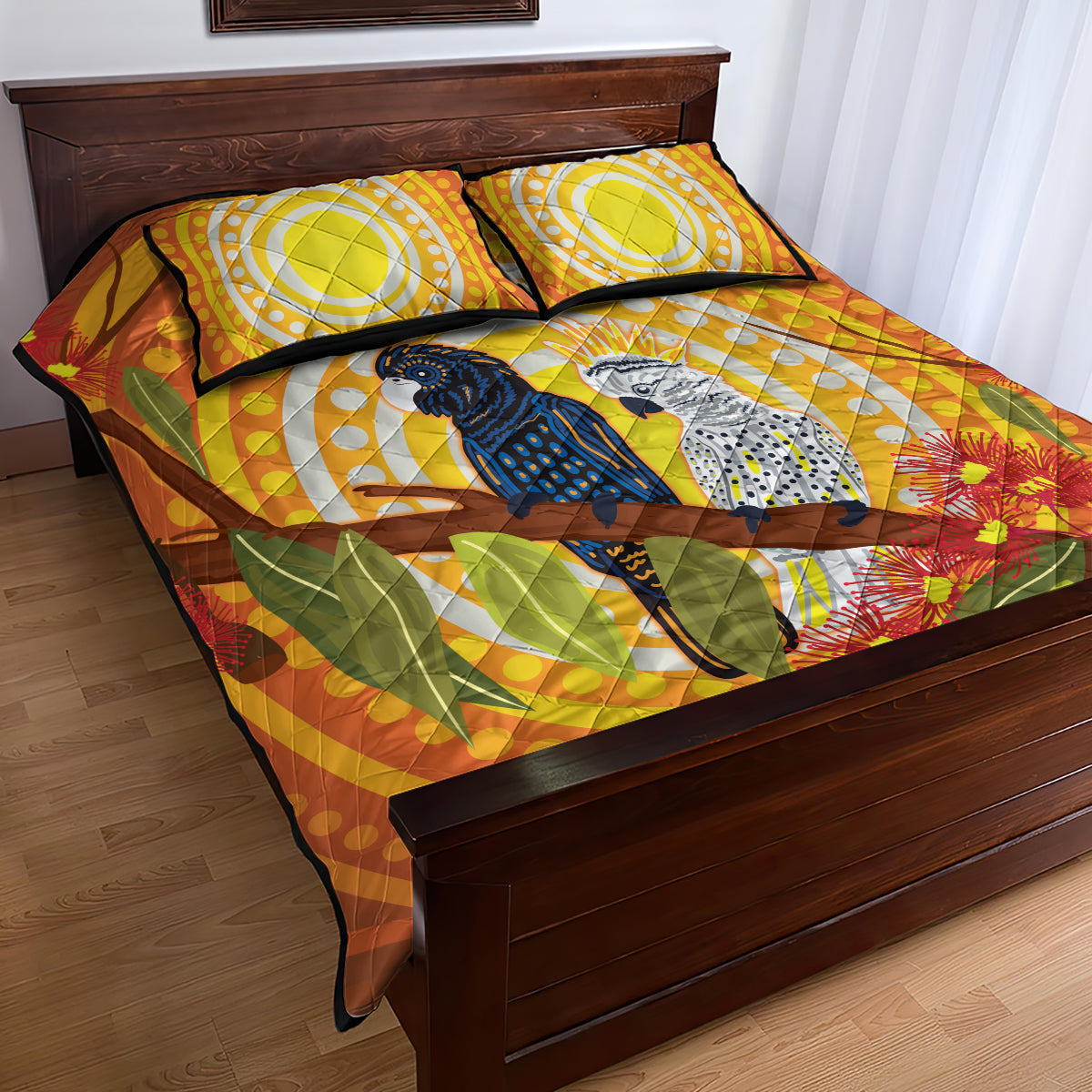 Black and White Cockatoo Birds Aboriginal Art Quilt Bed Set
