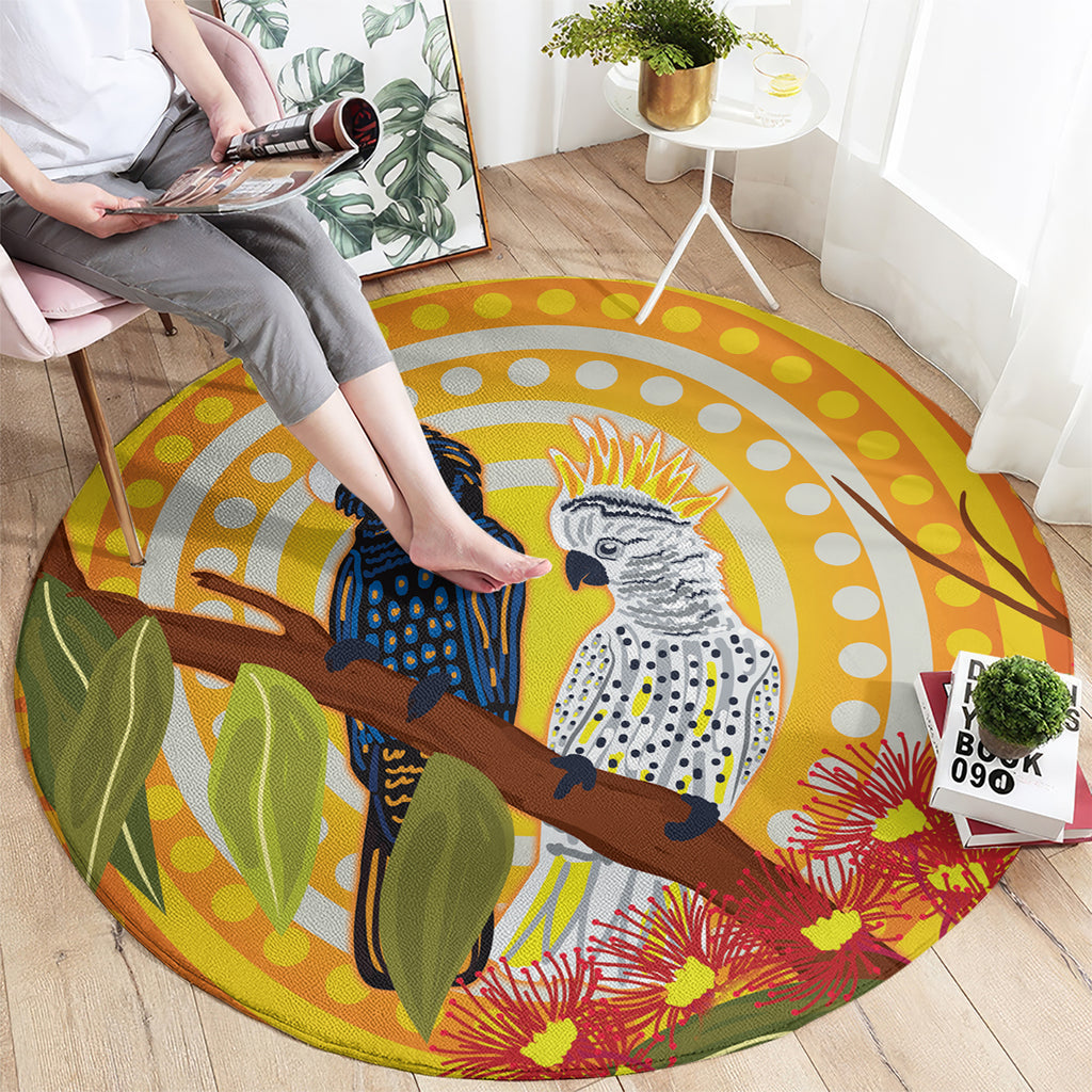 Black and White Cockatoo Birds Aboriginal Art Round Carpet