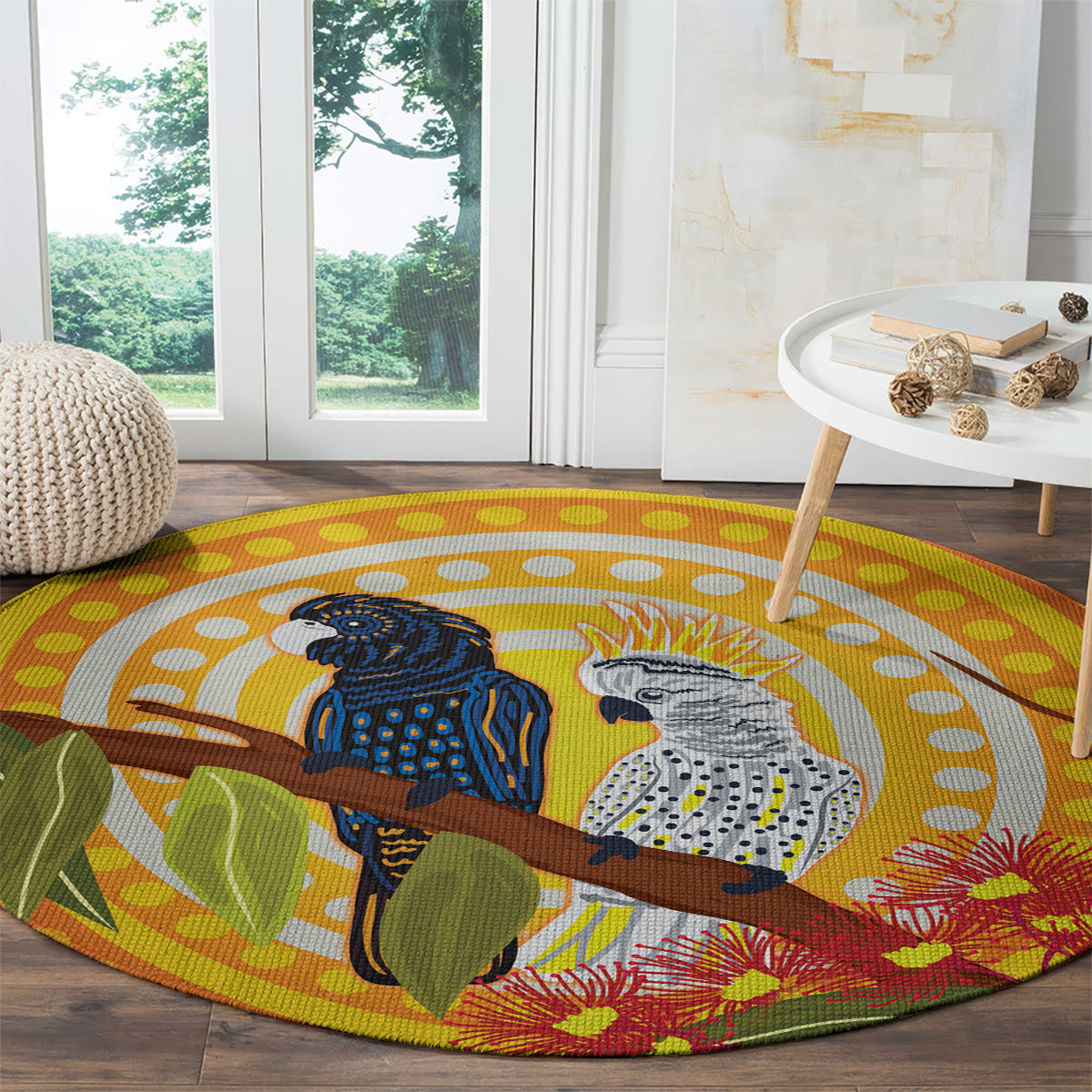 Black and White Cockatoo Birds Aboriginal Art Round Carpet