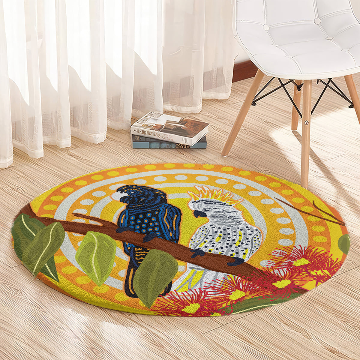 Black and White Cockatoo Birds Aboriginal Art Round Carpet