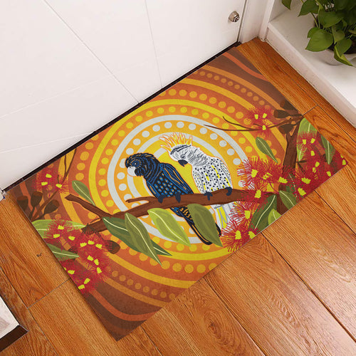 Black and White Cockatoo Birds Aboriginal Art Rubber Doormat