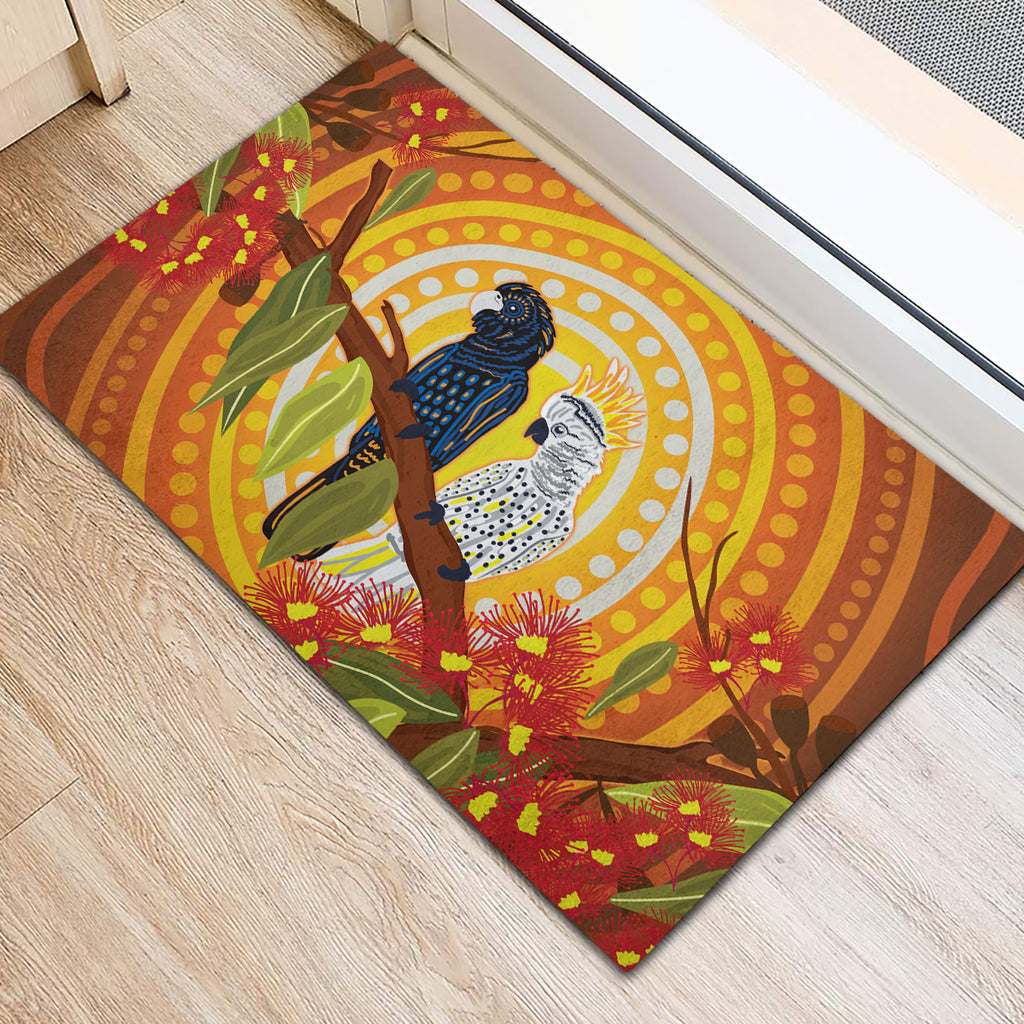 Black and White Cockatoo Birds Aboriginal Art Rubber Doormat