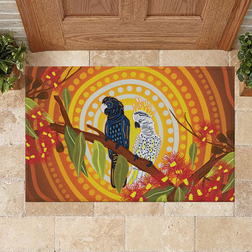 Black and White Cockatoo Birds Aboriginal Art Rubber Doormat