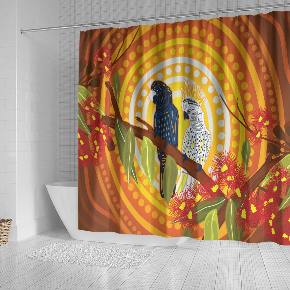 Black and White Cockatoo Birds Aboriginal Art Shower Curtain