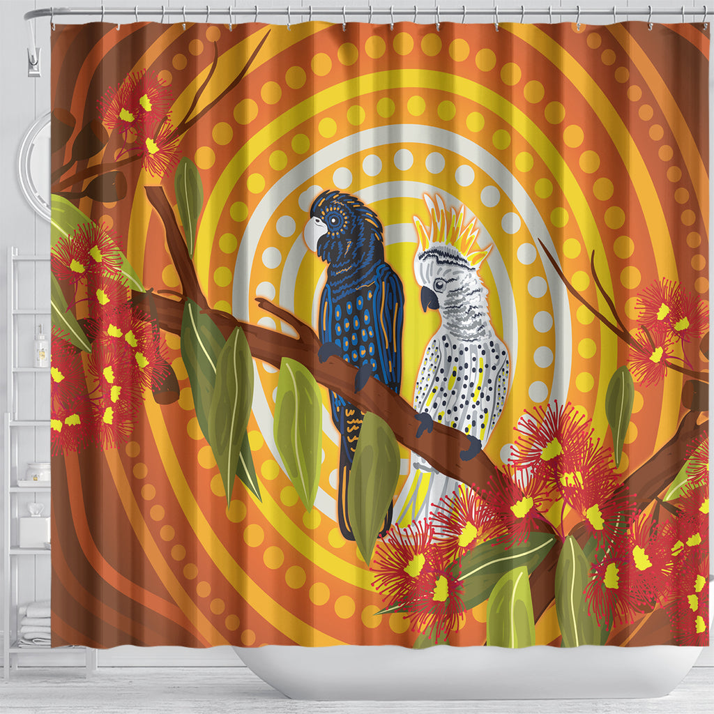 Black and White Cockatoo Birds Aboriginal Art Shower Curtain