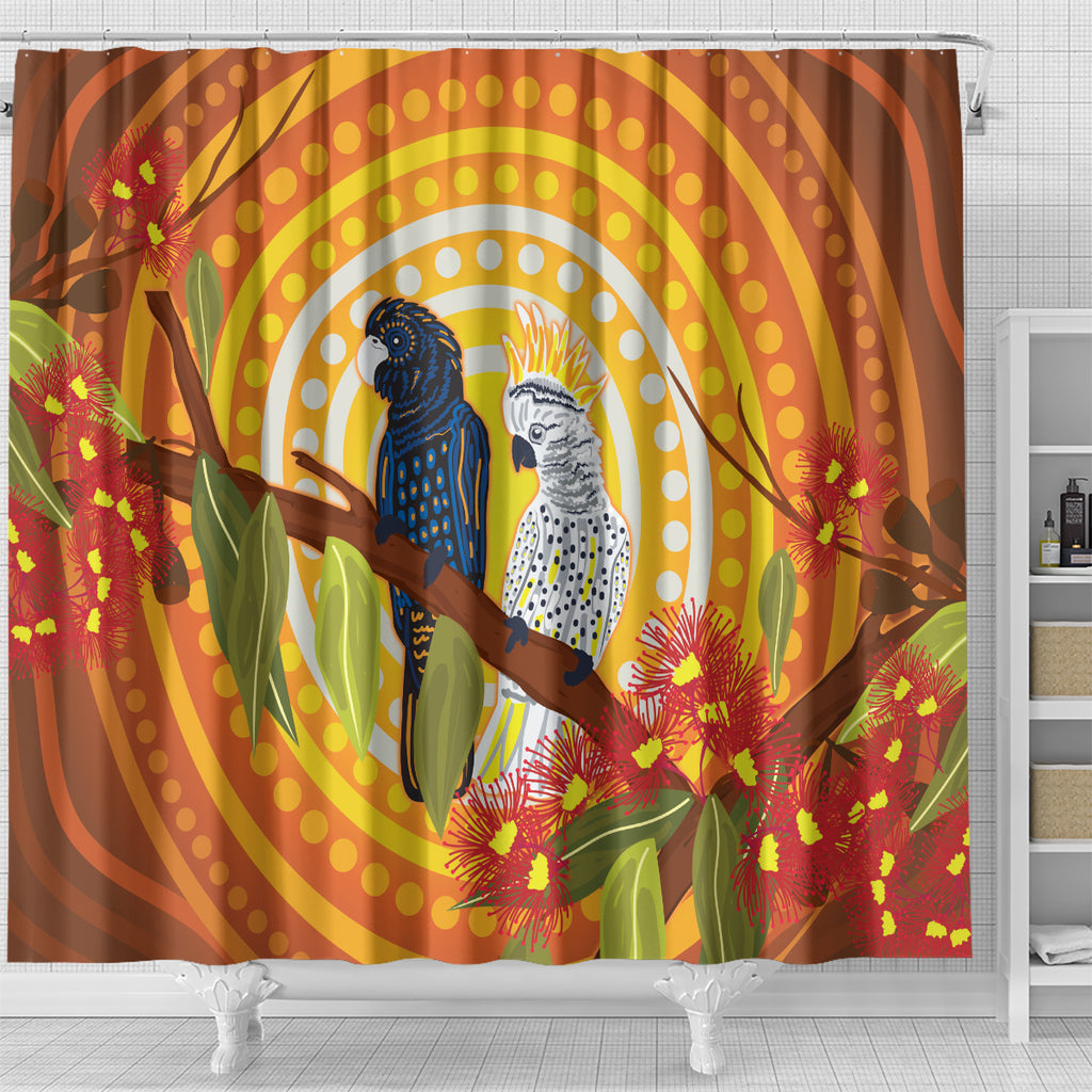Black and White Cockatoo Birds Aboriginal Art Shower Curtain