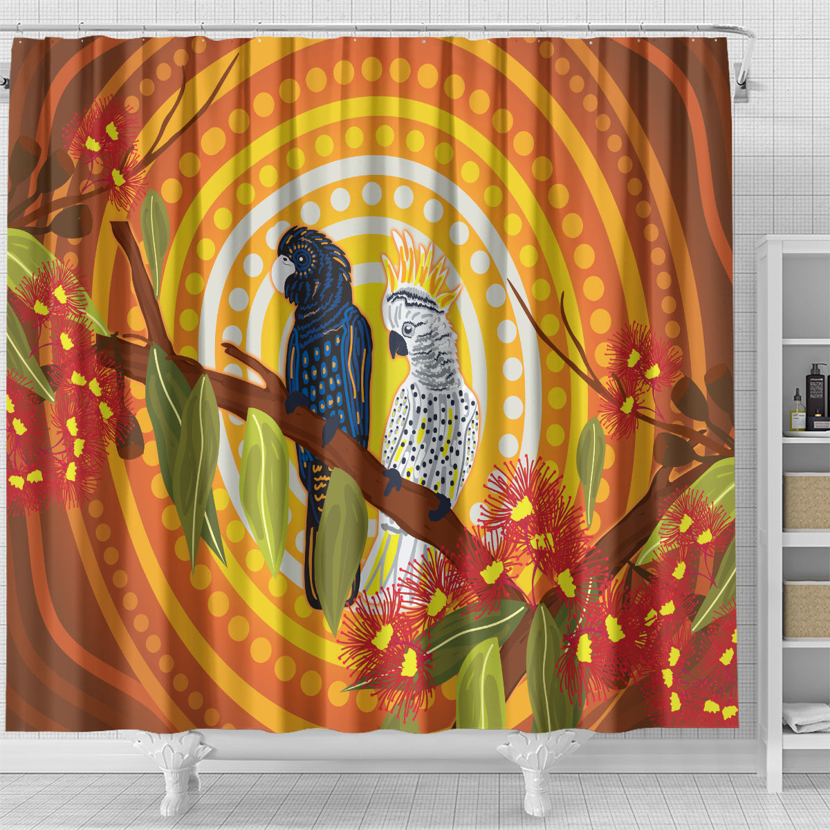 Black and White Cockatoo Birds Aboriginal Art Shower Curtain