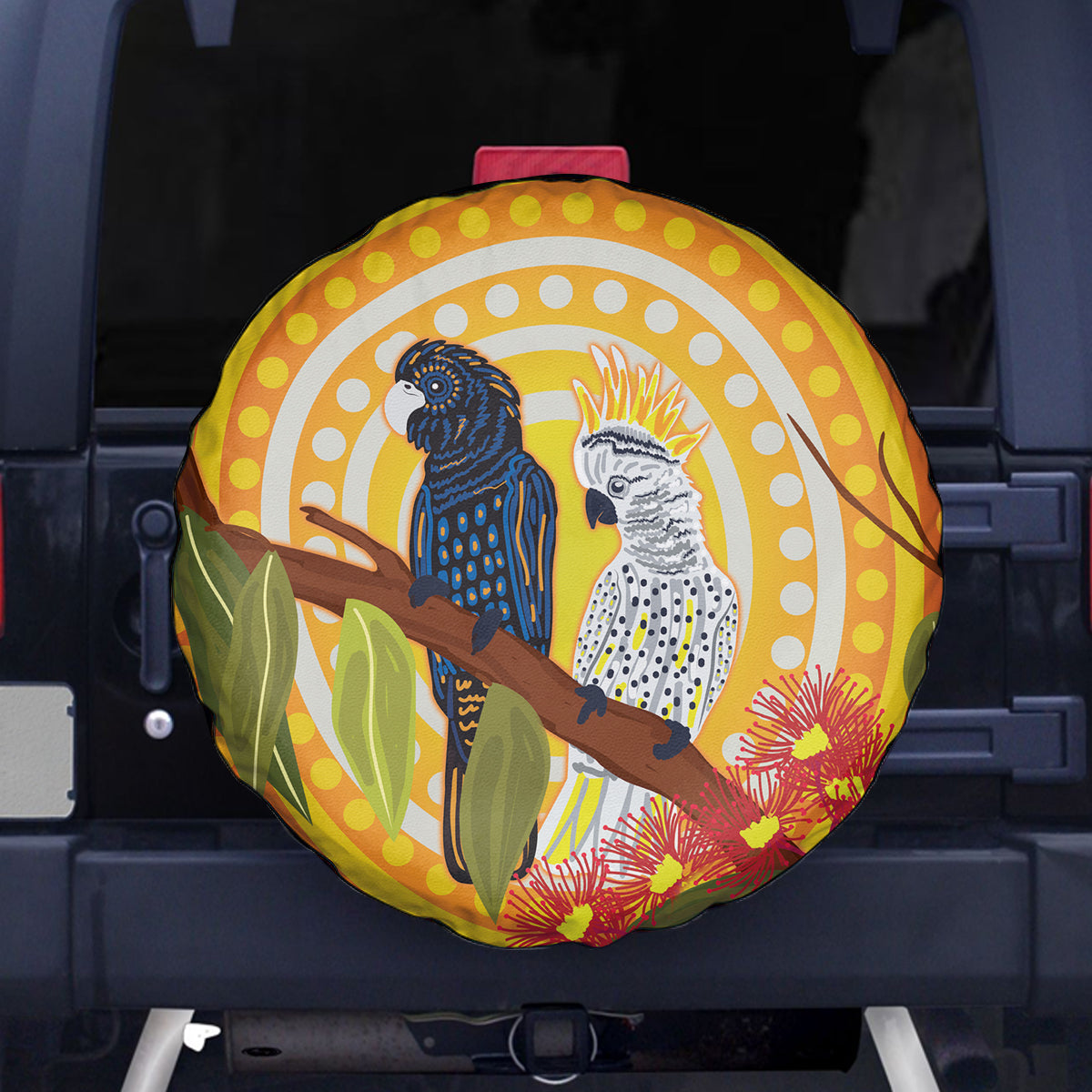 Black and White Cockatoo Birds Aboriginal Art Spare Tire Cover