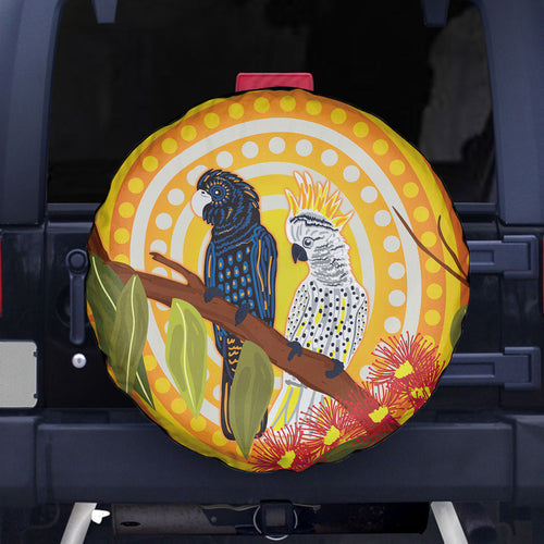 Black and White Cockatoo Birds Aboriginal Art Spare Tire Cover