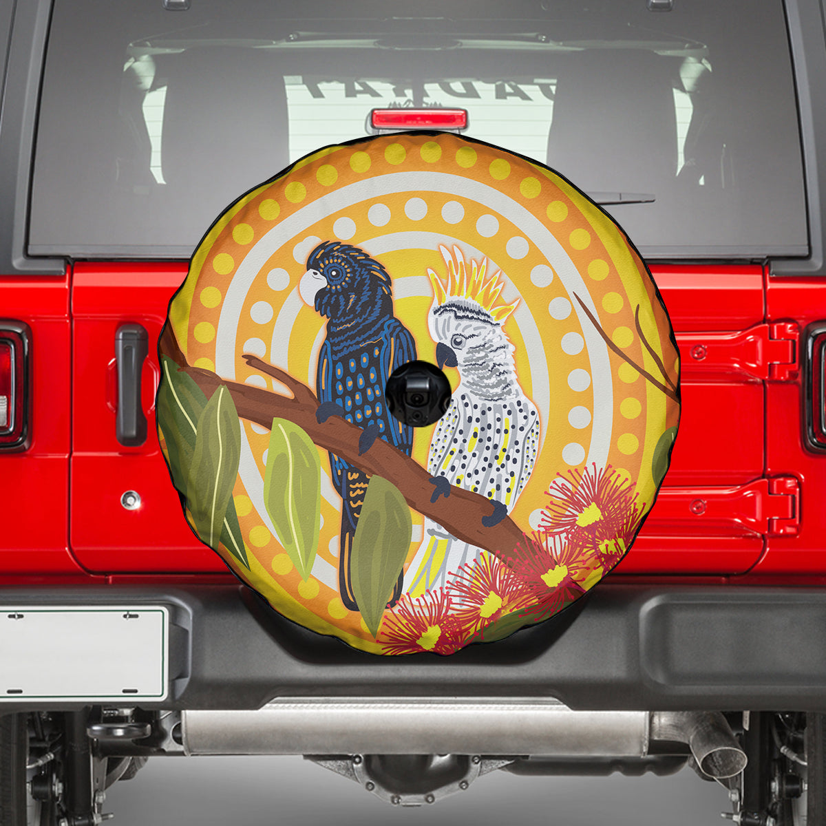 Black and White Cockatoo Birds Aboriginal Art Spare Tire Cover