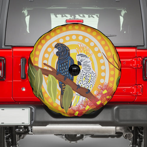 Black and White Cockatoo Birds Aboriginal Art Spare Tire Cover