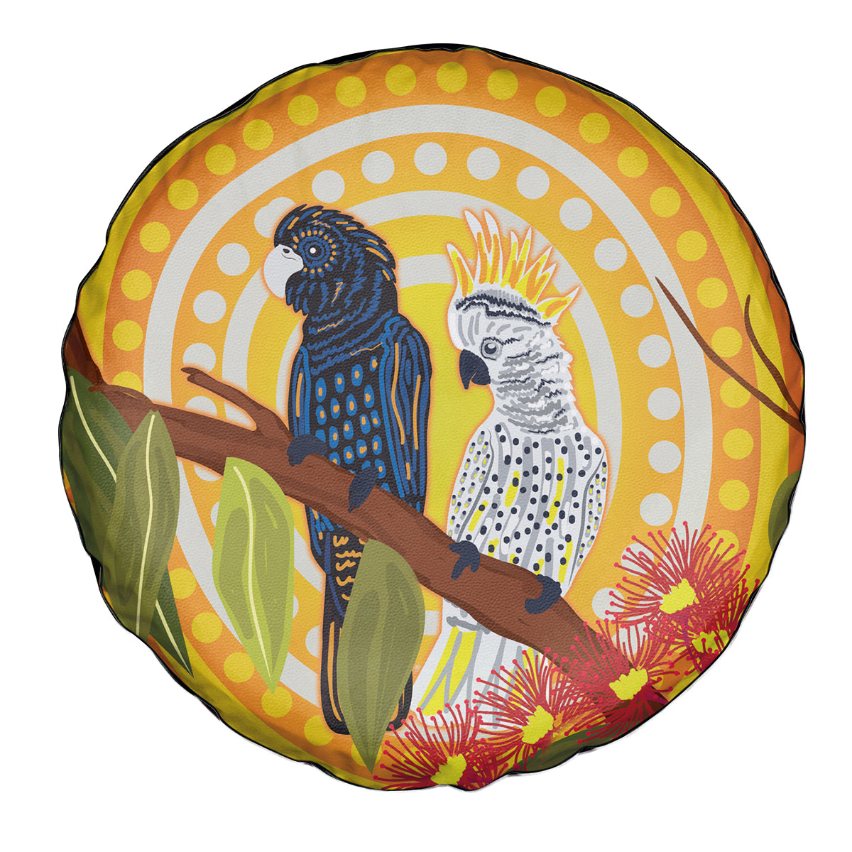 Black and White Cockatoo Birds Aboriginal Art Spare Tire Cover
