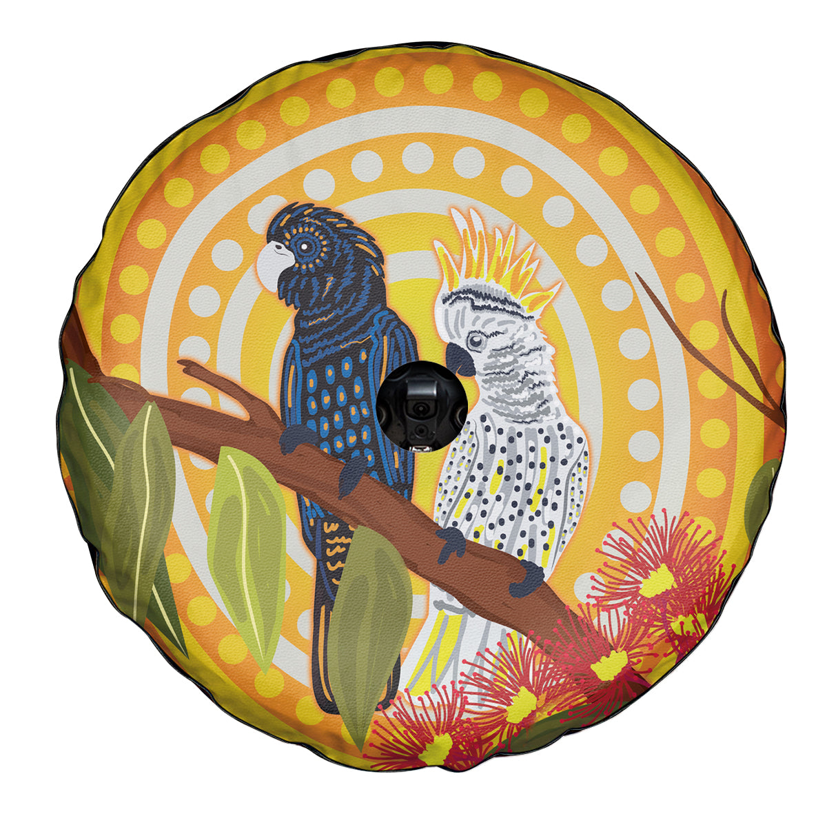 Black and White Cockatoo Birds Aboriginal Art Spare Tire Cover