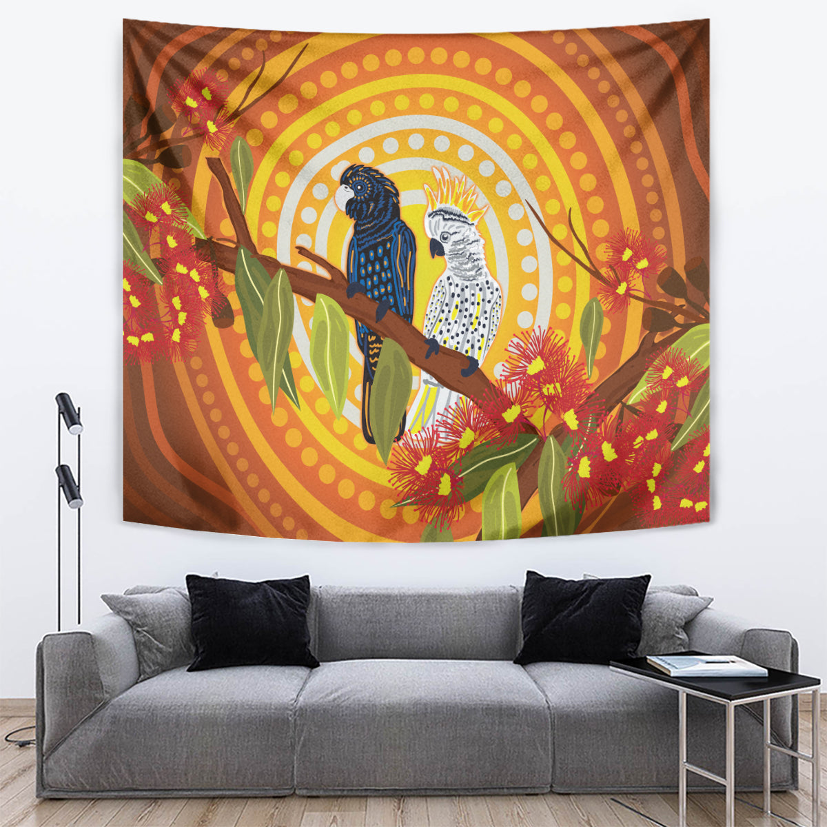 Black and White Cockatoo Birds Aboriginal Art Tapestry