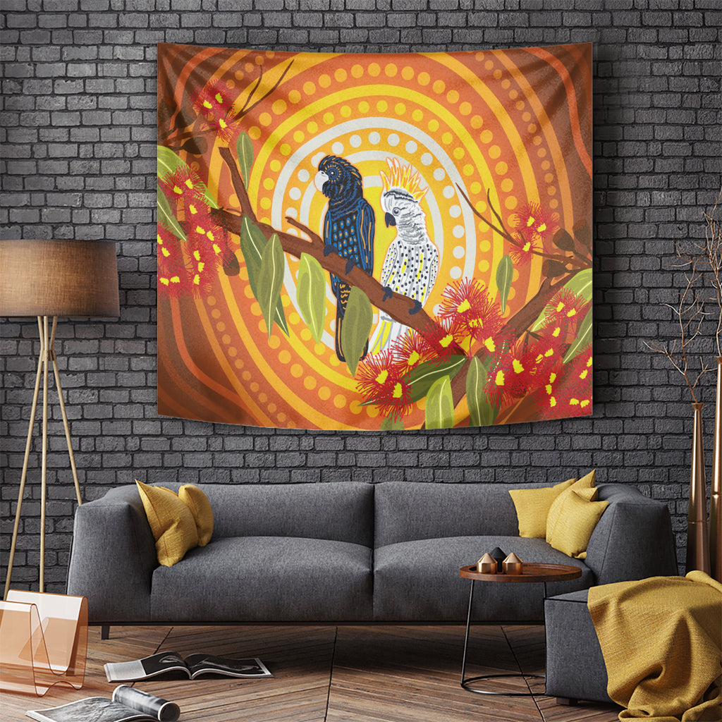 Black and White Cockatoo Birds Aboriginal Art Tapestry