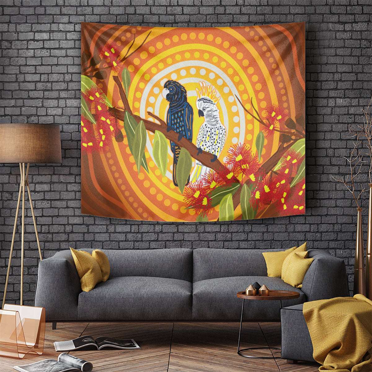 Black and White Cockatoo Birds Aboriginal Art Tapestry
