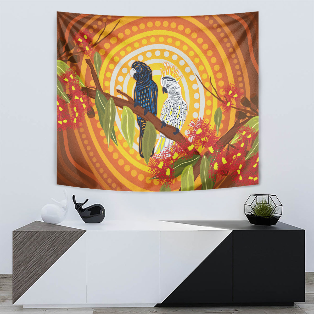 Black and White Cockatoo Birds Aboriginal Art Tapestry