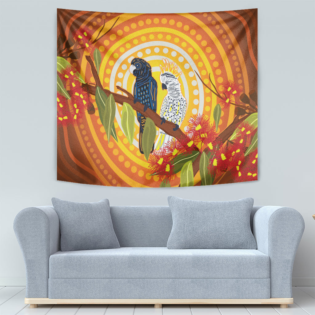 Black and White Cockatoo Birds Aboriginal Art Tapestry