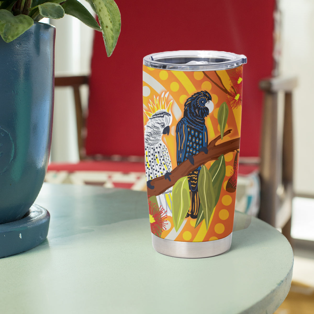 Black and White Cockatoo Birds Aboriginal Art Tumbler Cup