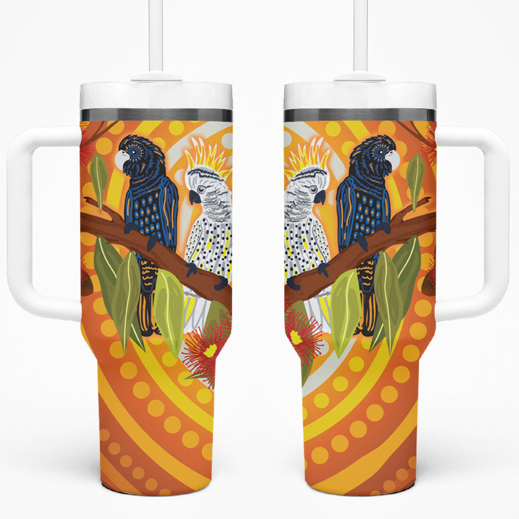 Black and White Cockatoo Birds Aboriginal Art Tumbler With Handle