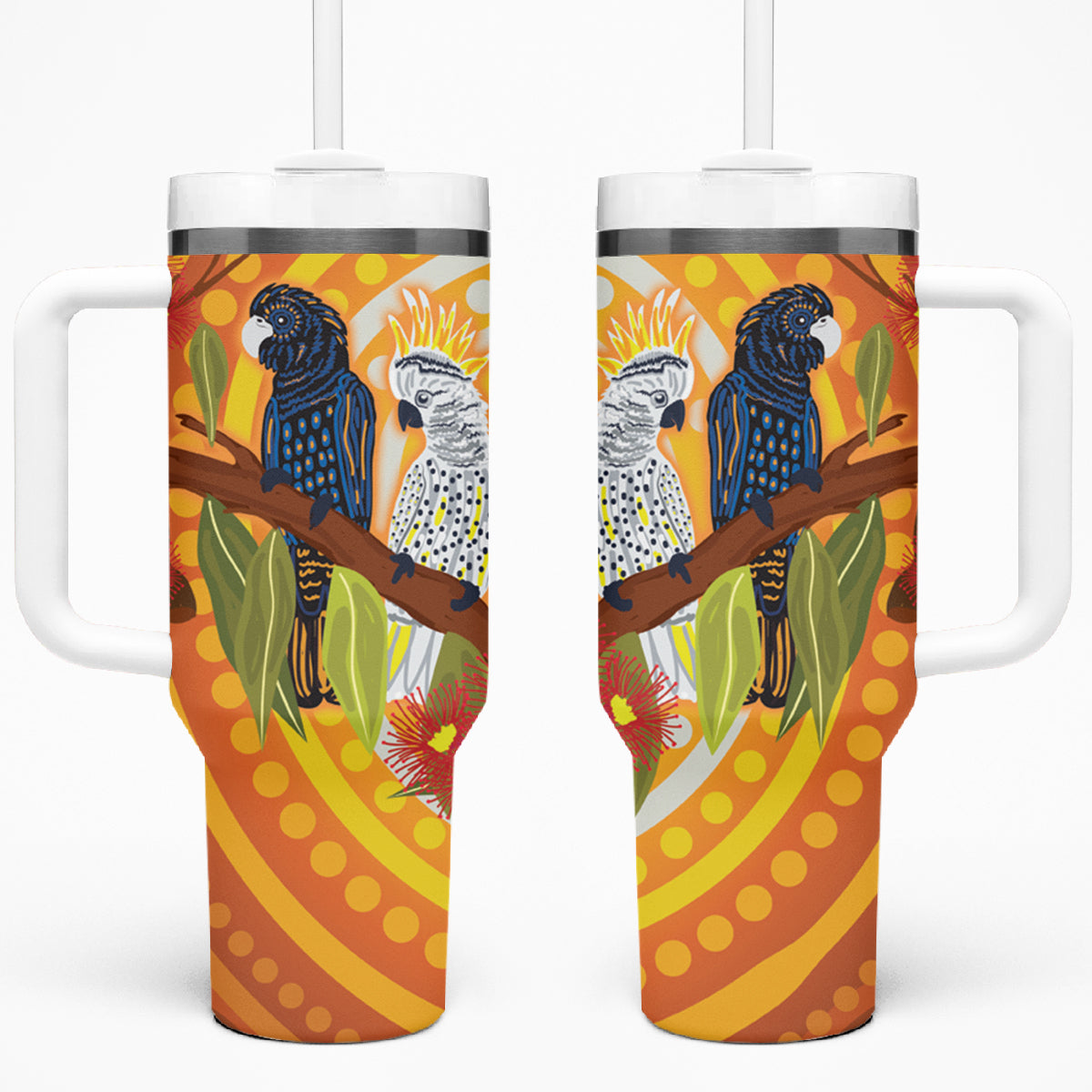 Black and White Cockatoo Birds Aboriginal Art Tumbler With Handle