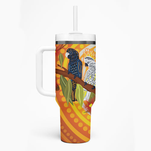 Black and White Cockatoo Birds Aboriginal Art Tumbler With Handle