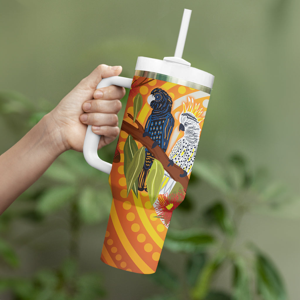Black and White Cockatoo Birds Aboriginal Art Tumbler With Handle