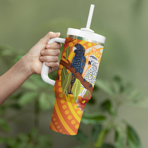 Black and White Cockatoo Birds Aboriginal Art Tumbler With Handle