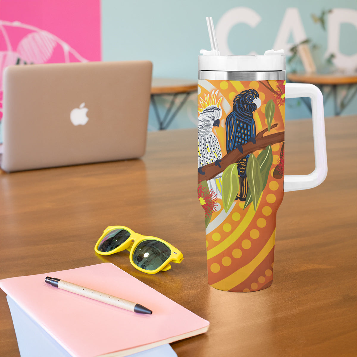 Black and White Cockatoo Birds Aboriginal Art Tumbler With Handle