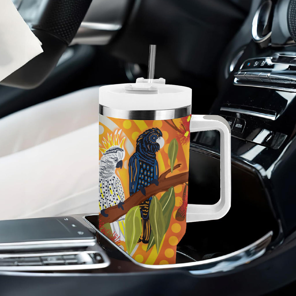 Black and White Cockatoo Birds Aboriginal Art Tumbler With Handle