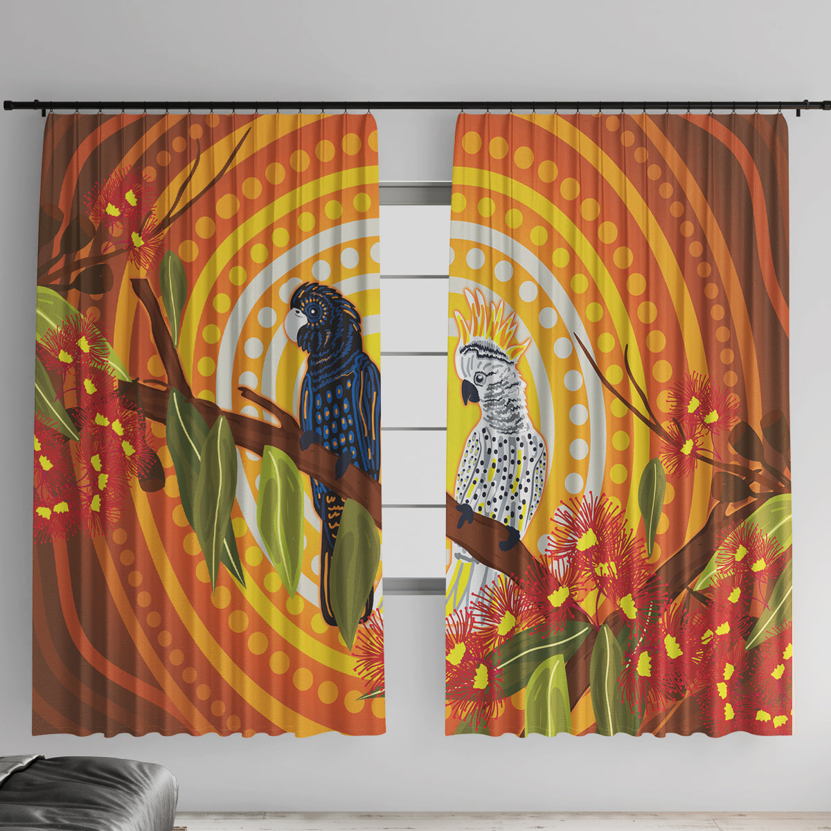 Black and White Cockatoo Birds Aboriginal Art Window Curtain